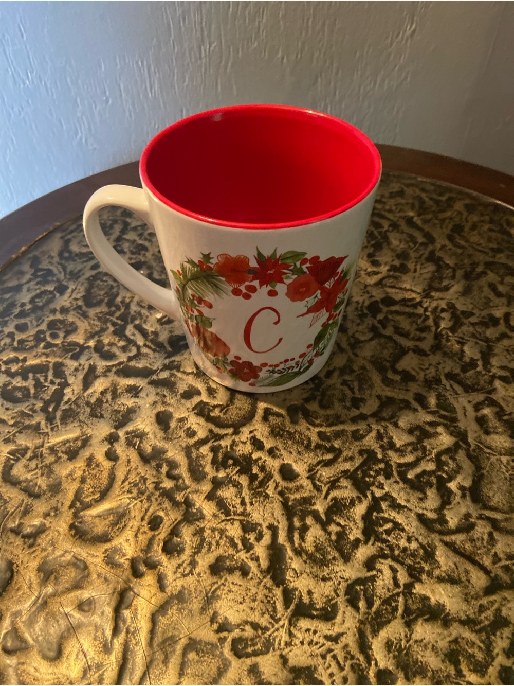 Monogram 'C' Holiday Ceramic Mug with Red Interior